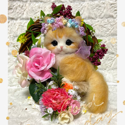 羊毛フェルト。猫。リース台座付き。 羊毛フェルト キサラキララ