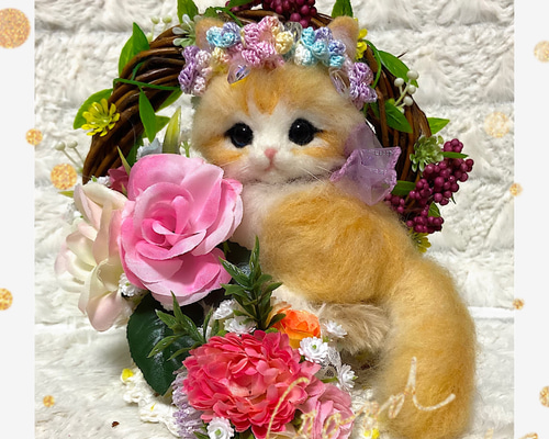 羊毛フェルト。猫。リース台座付き。 羊毛フェルト キサラキララ