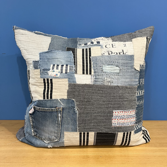 販売終了】ネット決済☆クッション ビンテージ 革 パッチワーク