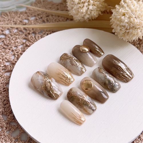 秋ニュアンスミラーゴールド天然石ネイル ネイルチップ（つけ爪