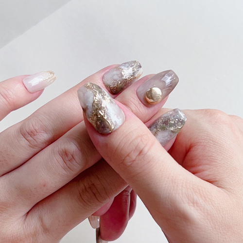 天然石ネイル ニュアンスネイル ミラーネイル ネイルチップオーダー 秋ニュアンスミラーゴールド天然石ネイル ネイルチップ（つけ爪