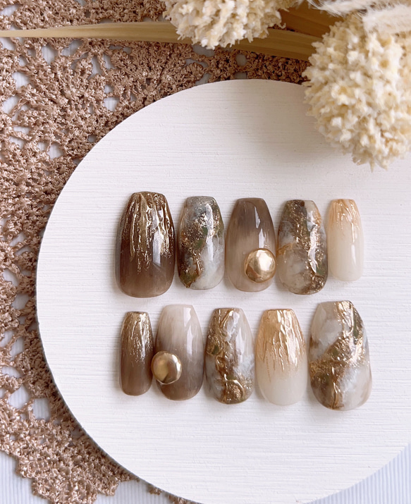 秋ニュアンスミラーゴールド天然石ネイル ネイルチップ（つけ爪
