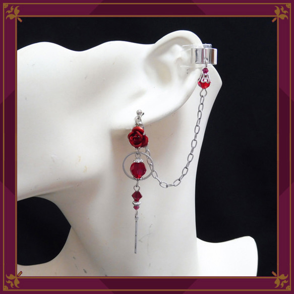 薔薇 バラ ローズ 銀 シルバー 赤 レッド ピアス イヤリング チェーン