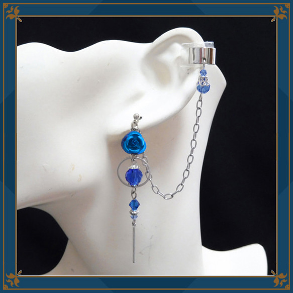 薔薇 バラ ローズ 銀 シルバー 青 ブルー ピアス イヤリング チェーン