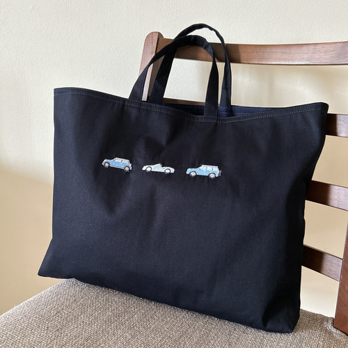 【完成品】　刺繍　レッスンバッグ　上履き袋　入園　入学　水色　ブルー　名前　青 ネイビー・2点セット】サイズ選択可・車の刺繍・レッスンバッグ
