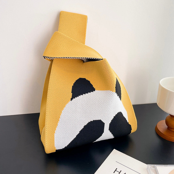 熊貓 / 黃色針織托特包包 / 環保袋 / 便當袋 / 手提包 第1張的照片