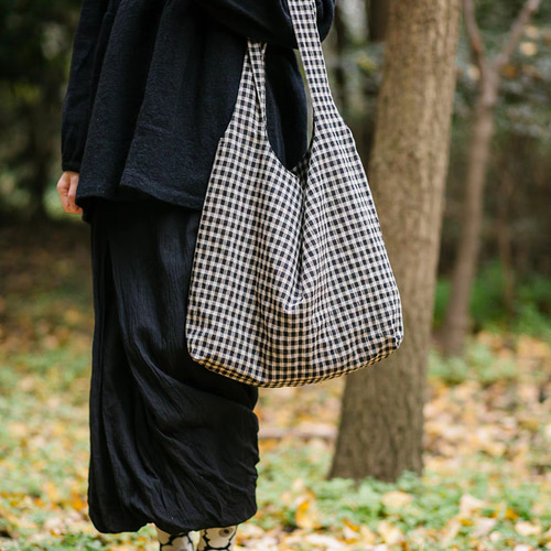 白黒 チェック 綿 トートバッグ ハンドバッグ 肩掛けレディースバッグ