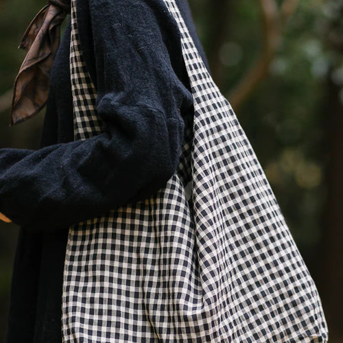 白黒 チェック 綿 トートバッグ ハンドバッグ 肩掛けレディースバッグ