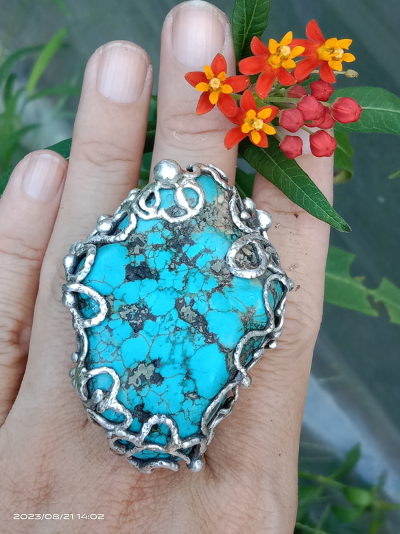 【完全ハンドメイド　稀品】　ターコイズシルバーリング ターコイズハンドメイドシルバーリングスターリングシルバーリング