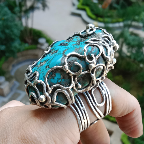 ターコイズハンドメイドシルバーリングスターリングシルバー