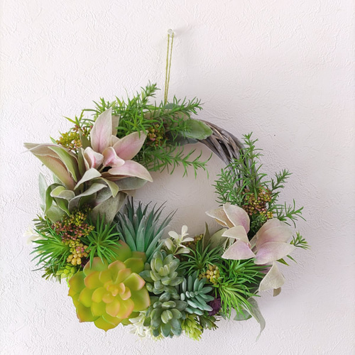 多肉植物 フェイクグリーン リース 玄関リース 造花 グリーンの 多肉植物 フェイクグリーン リース 玄関リース 造花 グリーンの
