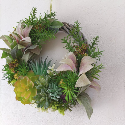 多肉植物 フェイクグリーン リース 玄関リース 造花 グリーンの