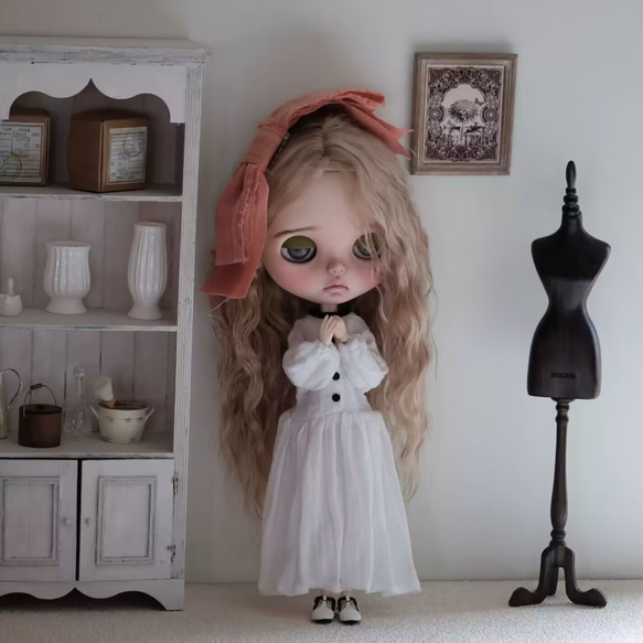 ブライス服 綿麻 ワンピース 2点セット ヘアバンド ドール服
