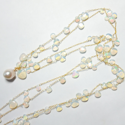 14kgf × 宝石質 オパール × あこや パール の ロング ネックレス 70cm