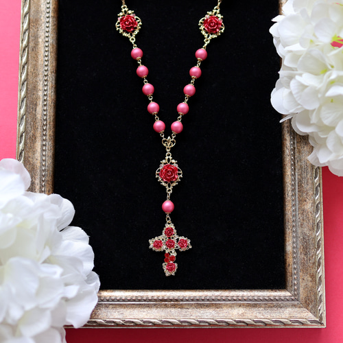 薔薇のロザリオネックレス【バラ色の人生】ローズピンク ネックレス  