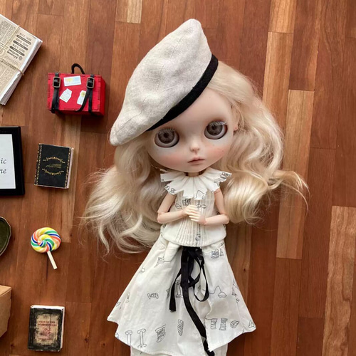 ブライス服 綿麻 トップス 3点セット キュロット 帽子 ドール服 ob22 