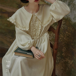 奶油黃色 宮廷復古大翻領洋裝 木耳花邊收腰版型復古少女連身裙 第1張的照片