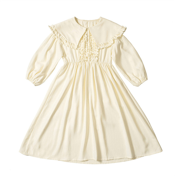 奶油黃色 宮廷復古大翻領洋裝 木耳花邊收腰版型復古少女連身裙 第2張的照片
