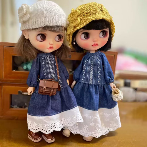 ドール服 ブライス服 デニムワンピース レース ドール アウトフィット