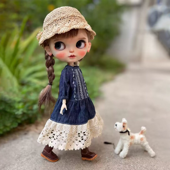 ドール服 ブライス服 デニムワンピース レース ドール アウトフィット
