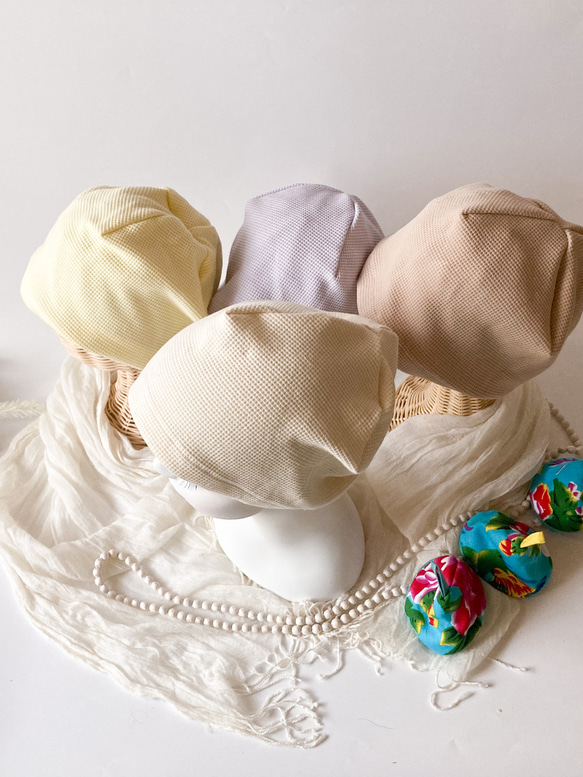 柔軟護理帽，華夫格布料，奶油色，一件式，四季皆宜，推薦初學者 第15張的照片