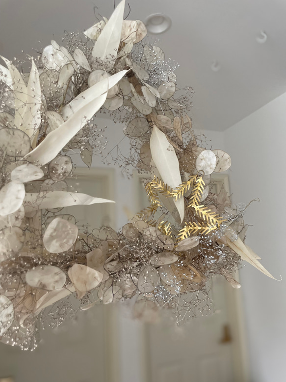flying wreath " luxueux " フライングリース ルナリア トライアングル ゴールド ドライフラワー 4枚目の画像
