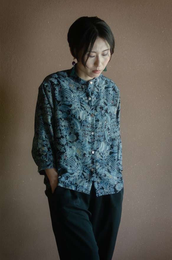 キモノスタンドカラーシャツ Kimono stand collar shirt   ※お手持ちのお着物でお仕立てします 1枚目の画像