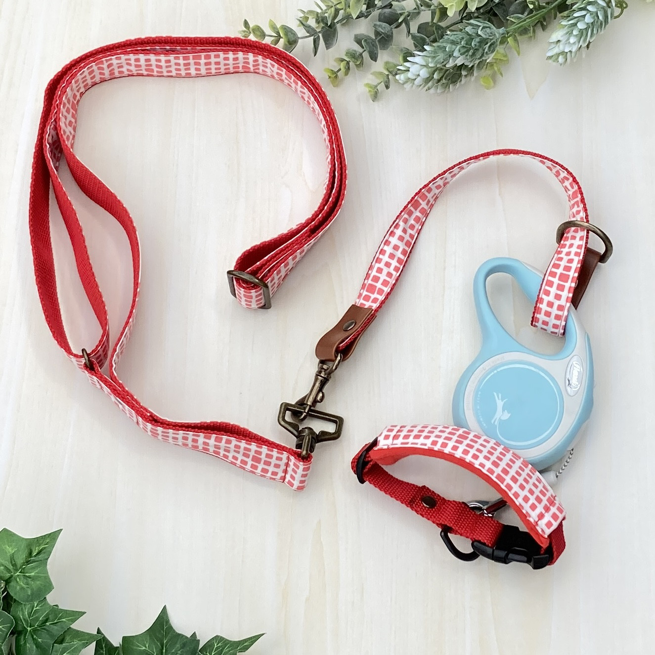 【伸縮リード用三点セット】ショルダーリード＋接続バンド＋幅広クッション首輪/Watermelon☆ハンズフリー