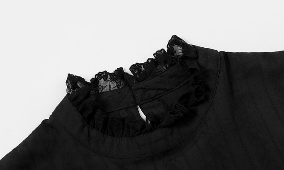 黑色 法式復古少女蕾絲花邊襯衫 立領泡泡袖宮廷風春秋裝上衣 第4張的照片