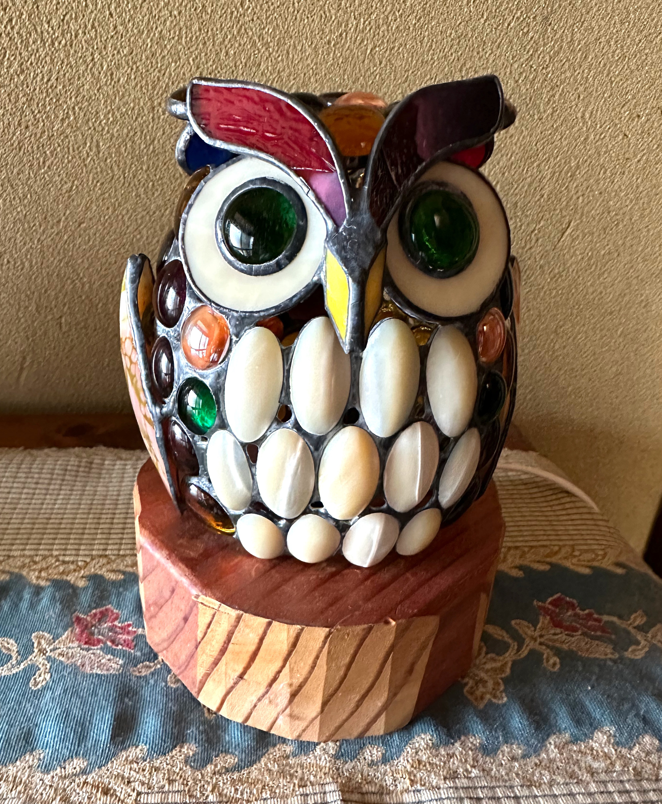 458 特大フクロウ型ステンドグラスランプ