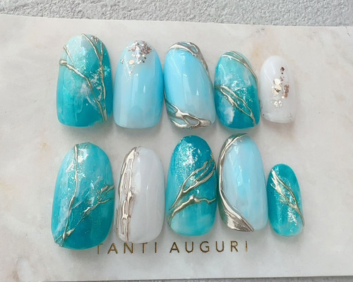 33 オーダー ネイルチップ ターコイズグリーン×ニュアンス