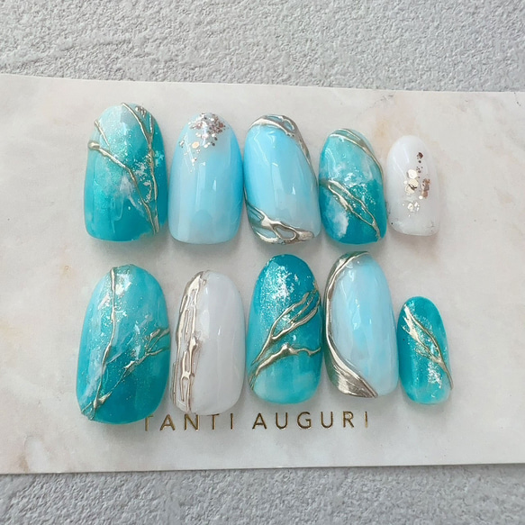 【314】オーダー❉ターコイズブルー 大理石 トルコ石 夏ネイル フットチップ 314】オーダー❉ターコイズブルー 大理石 トルコ石 夏ネイル フット