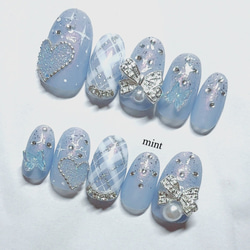 【No.013】ネイルチップ♡チェック柄♡ハート♡リボン♡ブルー系 くすみブルー チェック柄 ♡ネイルチップ 韓国 ガーリー 成人式 前撮り