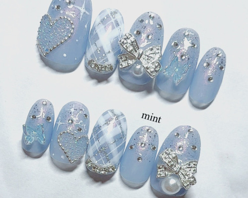 【No.013】ネイルチップ♡チェック柄♡ハート♡リボン♡ブルー系 87713ddff40fae660e9b19a2e130c6