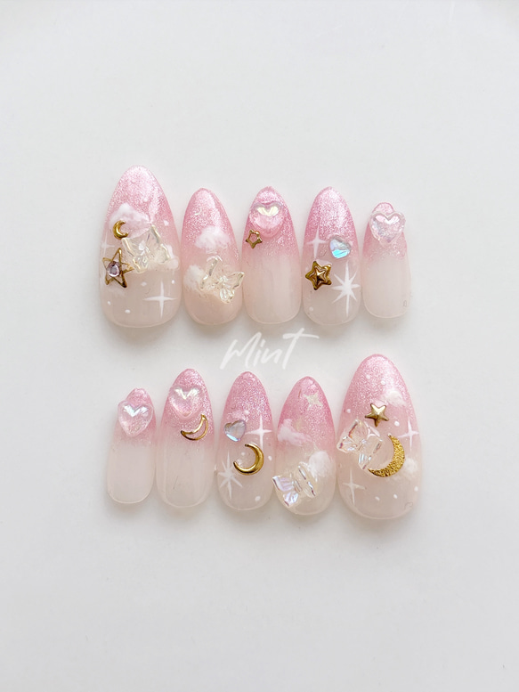 ピンクベージュラメ水引フラワーニュアンスネイル ちゅるん 冬 前撮り