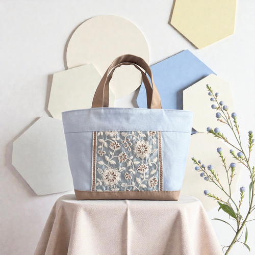 爽やかブルー◇インド刺繍×帆布☆ミニトートバッグ トートバッグ
