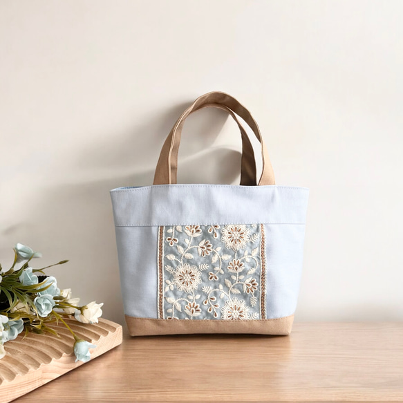 爽やかブルー◇インド刺繍×帆布☆ミニトートバッグ トートバッグ 爽やかブルー◇インド刺繍×帆布☆ミニトートバッグ トートバッグ