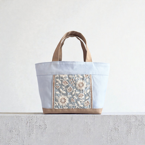 爽やかブルー◇インド刺繍×帆布☆ミニトートバッグ トートバッグ