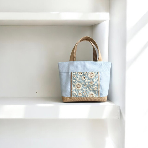 爽やかブルー◇インド刺繍×帆布☆ミニトートバッグ トートバッグ