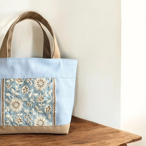 爽やかブルー◇インド刺繍×帆布☆ミニトートバッグ トートバッグ