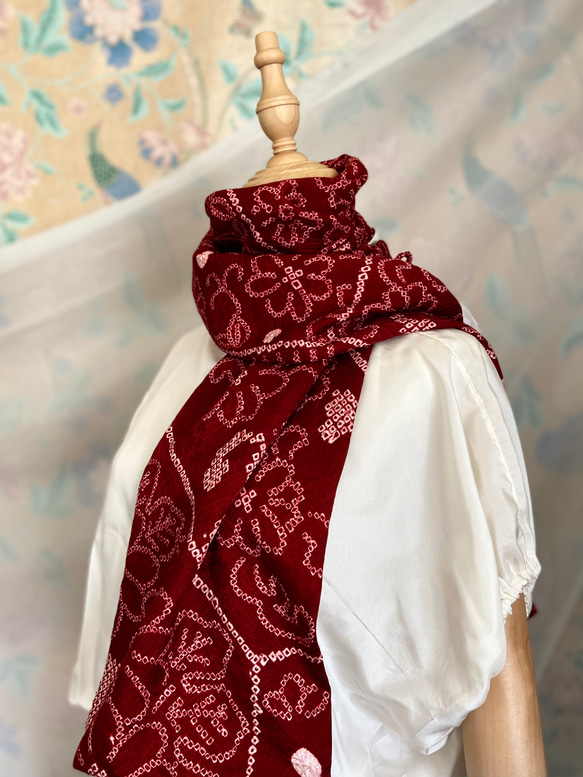 バイイーコネクト様ご予約　深い赤　秋色　総絞り　絹裏地付きギャザースカート＆ストール　　着物リメイク 6枚目の画像