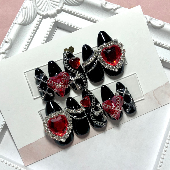 ネイルチップ 量産型 地雷 サブカル レッド ブラック ハート 十字架  