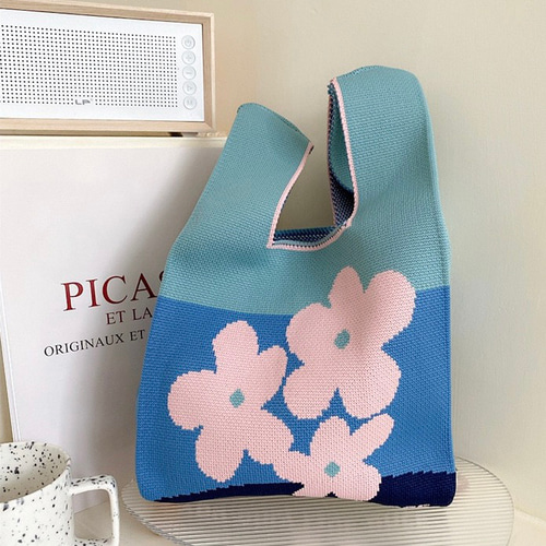 ブルーフラワーニットトートバッグ/環境バッグ/ランチバッグ