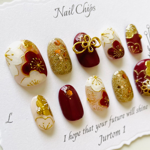 赤和柄ネイル】ゴールドネイル／成人式ネイル／ブライダルネイル／赤  