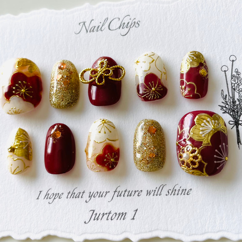 赤和柄ネイル】ゴールドネイル／成人式ネイル／ブライダルネイル／赤