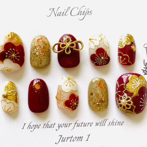 赤和柄ネイル】ゴールドネイル／成人式ネイル／ブライダルネイル／赤  