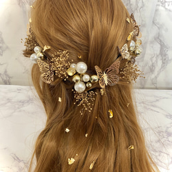 髪飾り 結婚式 成人式 蝶々 パール 金箔 冠 ティアラ ヘッドドレス ヘアアクセサリー 3枚目の画像