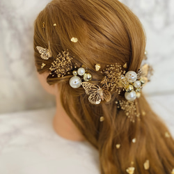 髪飾り 結婚式 成人式 蝶々 パール 金箔 冠 ティアラ ヘッドドレス ヘアアクセサリー 4枚目の画像