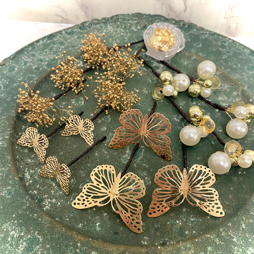 髪飾り 結婚式 成人式 蝶々 パール 金箔 冠 ティアラ ヘッド