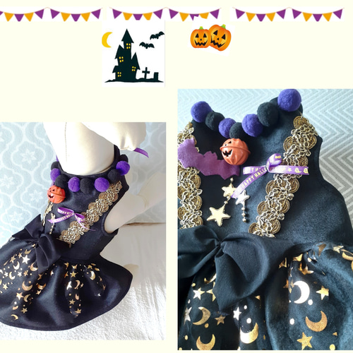 犬服ハンドメイド♡ミィモ♡ハロウィンワンピース♡ヘッドドレス 犬服 ハロウィンワンピース ゴールドライン／黒 送料無料 glw01